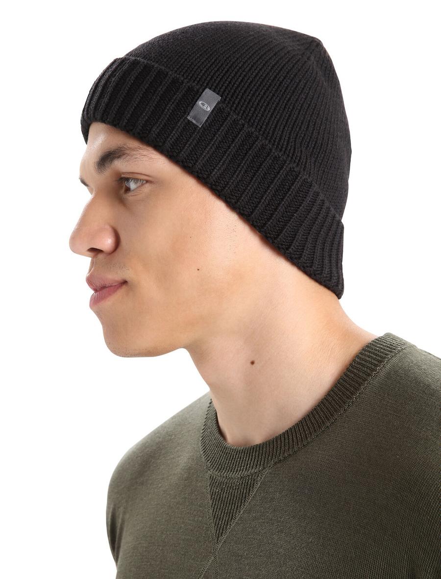 Black Men's Icebreaker Unisex Merino Vela Cuff Beanie Hats | USA 1090KORI